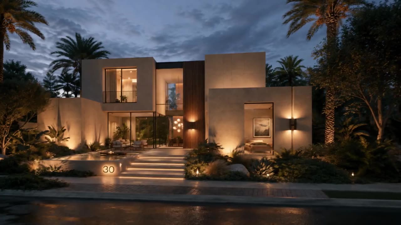 Villa 30 front entrance at dusk