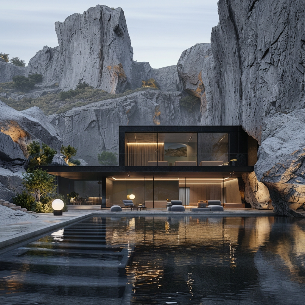 3D exterior render — canyon residence with reflecting pool, alternate pass