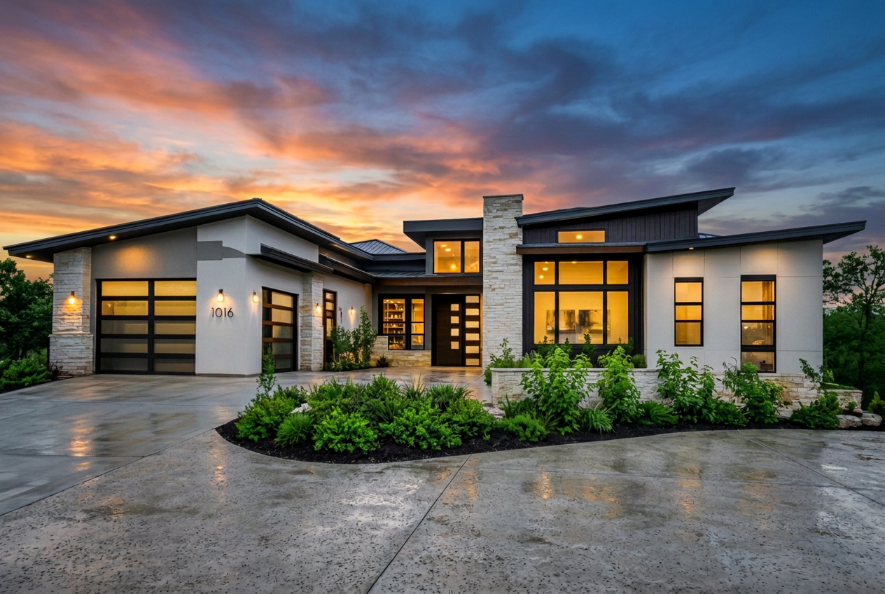 3D exterior render — single-story modern residence at dusk with landscaped entry