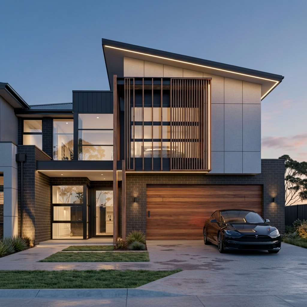 3D exterior render — dusk elevation with timber garage door and EV parked in driveway