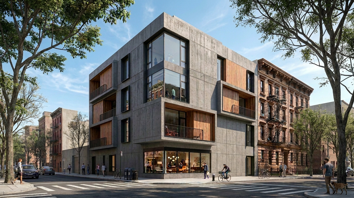 3D exterior render — urban concrete townhouse with timber balcony screens, street view