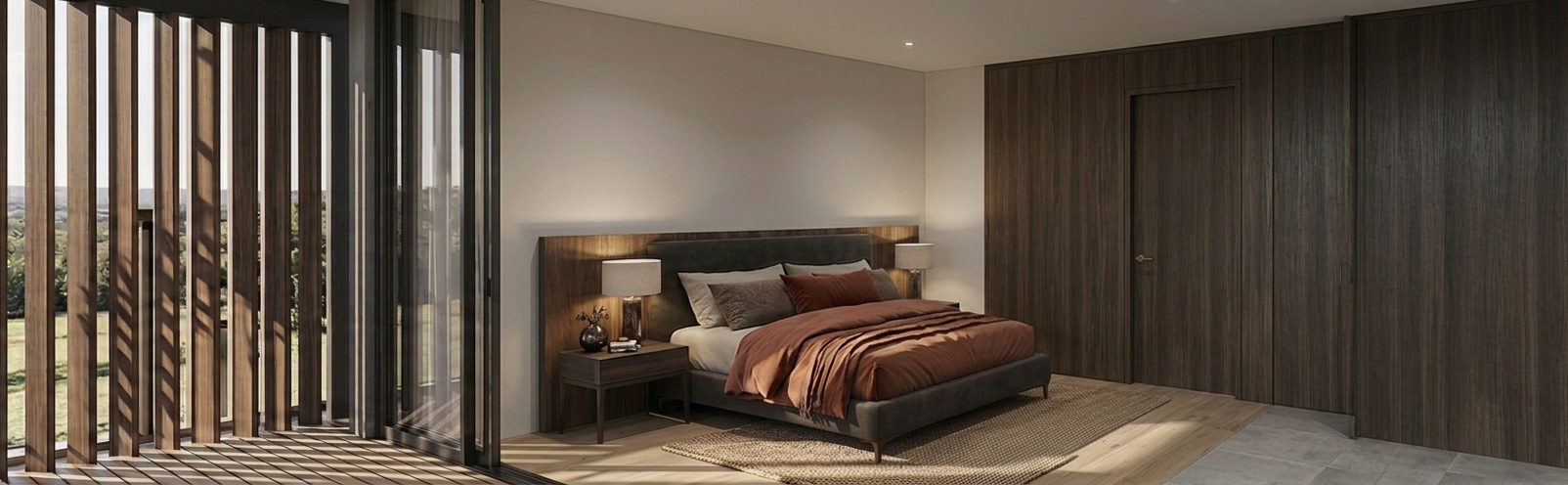 3D interior render — primary bedroom with timber slat doors opening to garden view