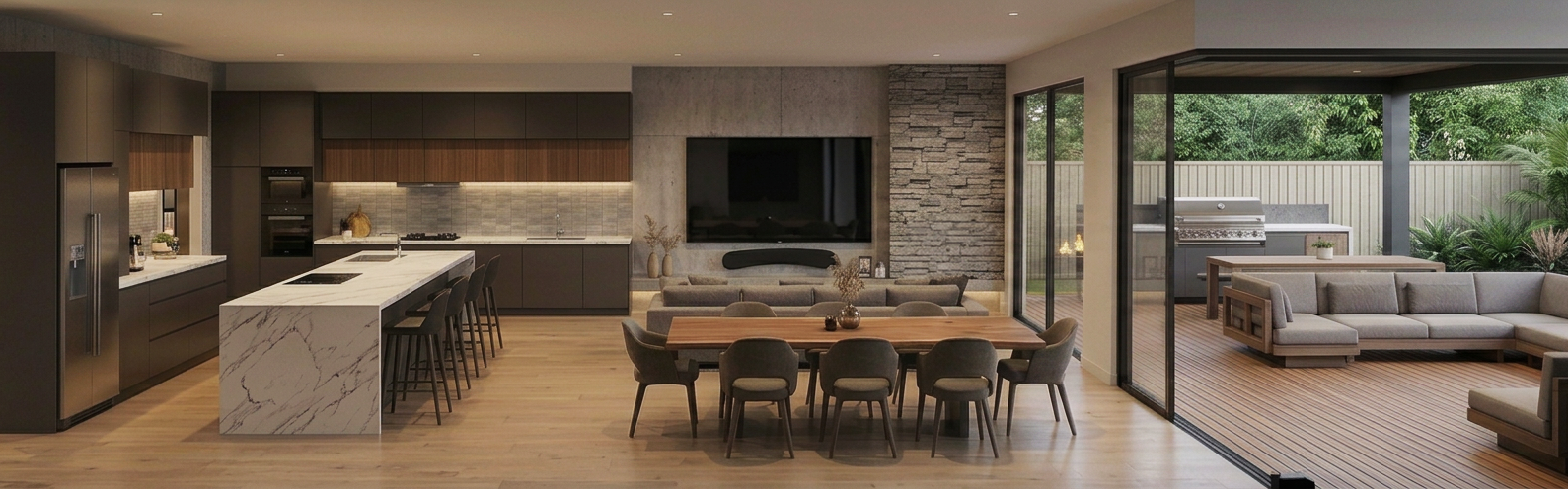 3D interior render — open-plan kitchen, dining and living area opening to covered outdoor deck