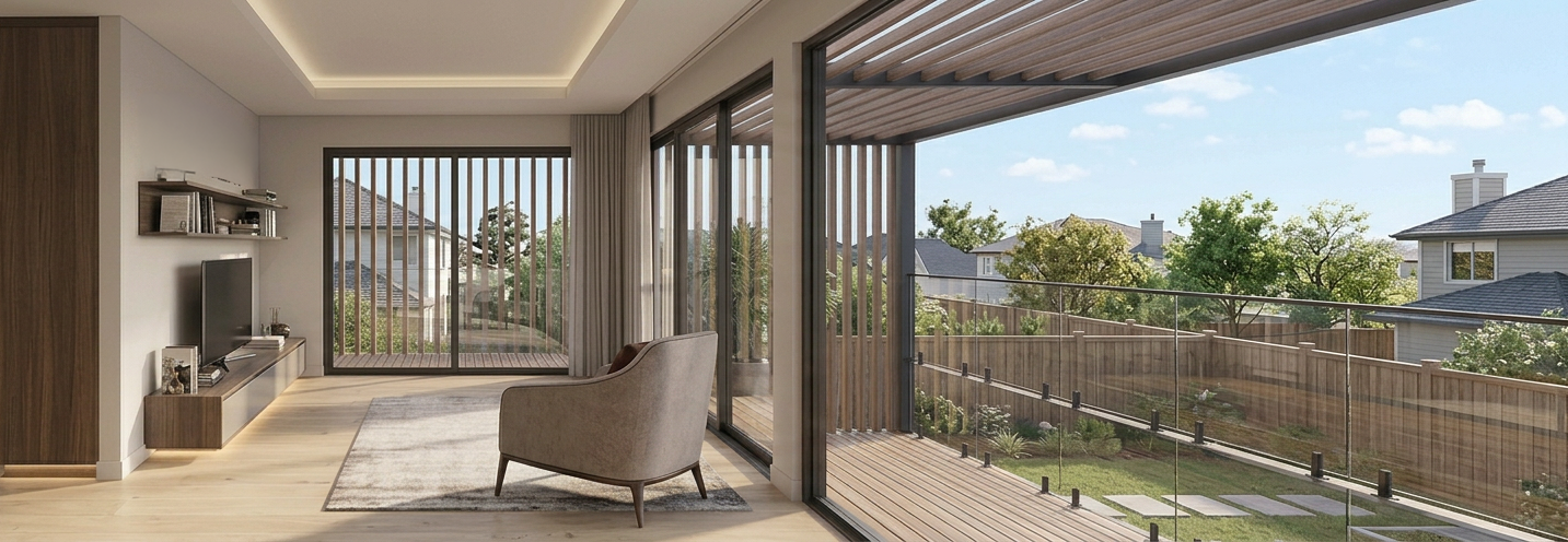 3D interior render — living room with lounge chair opening to covered balcony