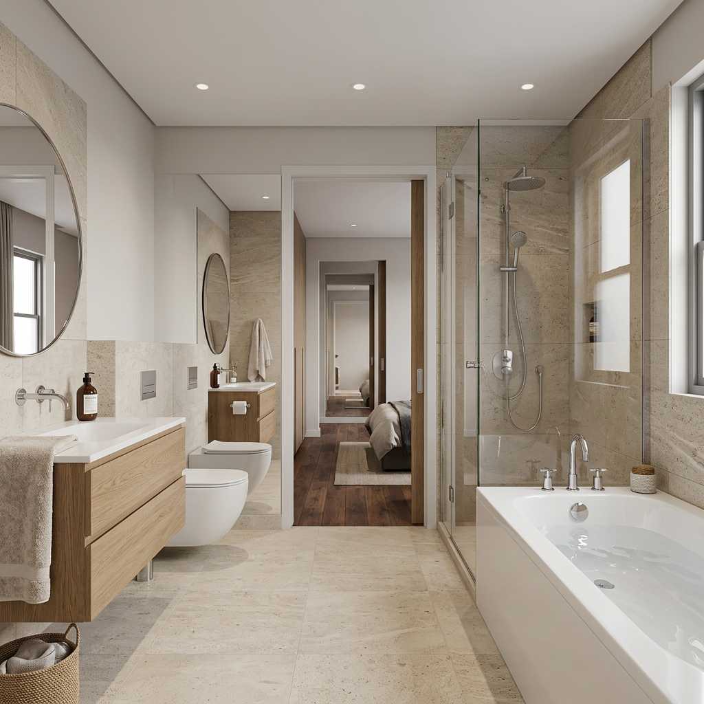 Renovation concept — bathroom with double vanity, walk-in glass shower, and freestanding tub in travertine tile