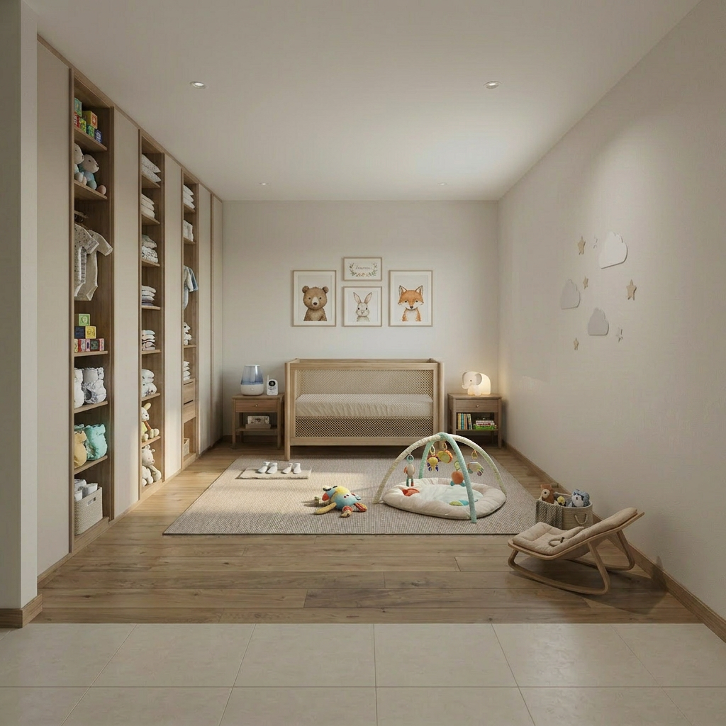Renovation concept — nursery with crib and built-in storage