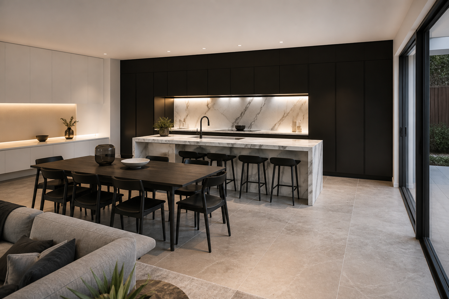 Modern residence — kitchen island and dining table, dark cabinetry with marble waterfall benchtop